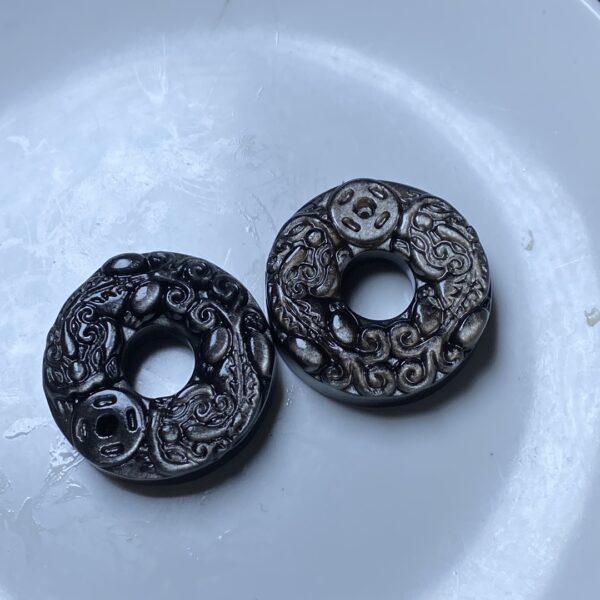 double pixiu animal pattern ring shape natural silver obsidian charm bead - Image 5