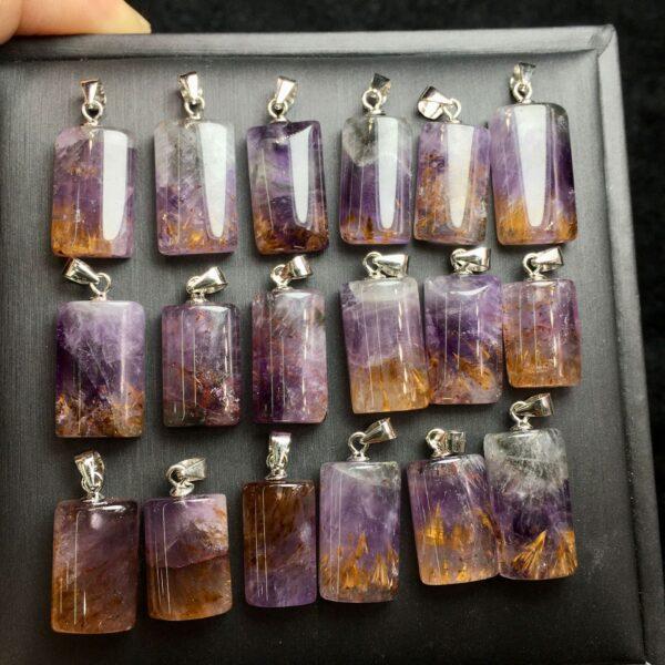 rectangle shape natural Amethyst Rutilated Quartz bead sterling silver charm - Image 5