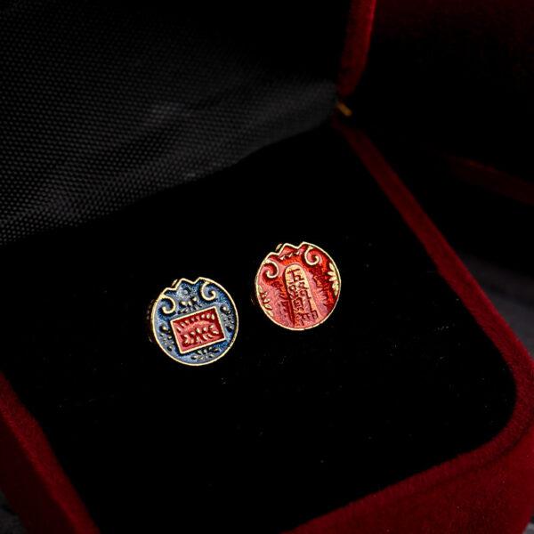 gild sterling silver God of Wealth and flower pattern round shape bead, red and blue enamel bead - Image 5