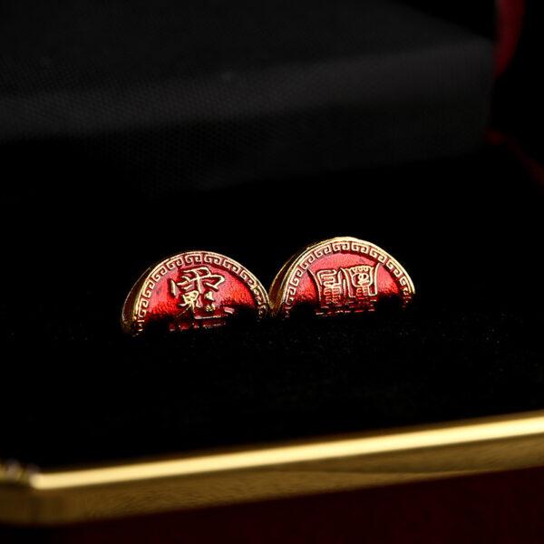 gild sterling silver Taoist Runes pattern semicircle shape bead, red enamel bead - Image 5