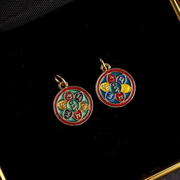 gild sterling silver Buddhist six-syllable mantra pattern round shape charm bead, colorful enamel charm - Image 5