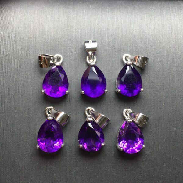 facet droplet shape natural amethyst bead inlaid sterling silver charm