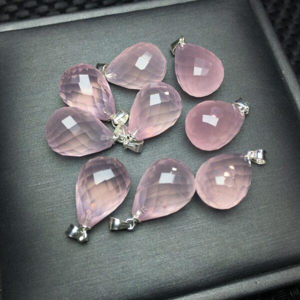 facet surface droplet shape natural rose quartz bead sterling silver charm