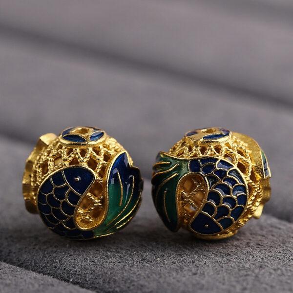 fish pattern round shape hollow gild sterling silver bead, enamel fish bead
