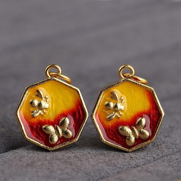 butterfly and bee pattern polygon shape gild sterling silver charm bead, enamel polygon charm