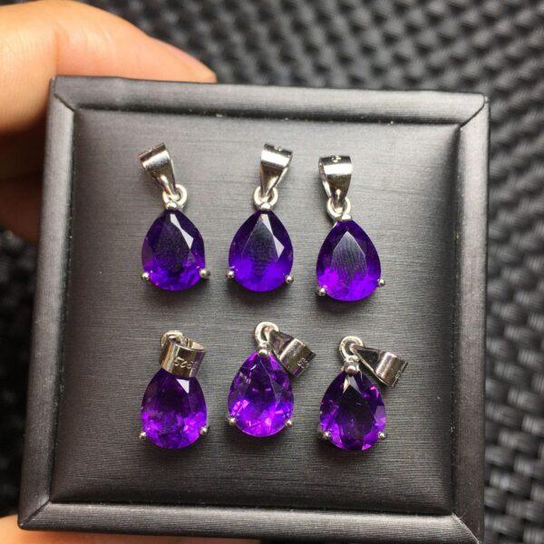 facet droplet shape natural amethyst bead inlaid sterling silver charm - Image 2