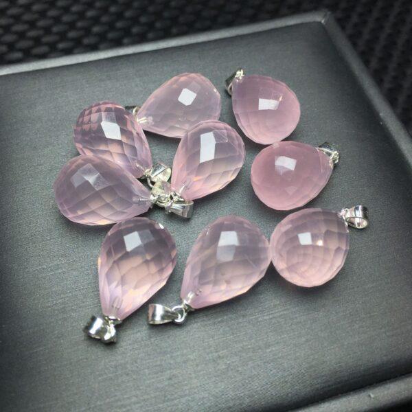 facet surface droplet shape natural rose quartz bead sterling silver charm - Image 2
