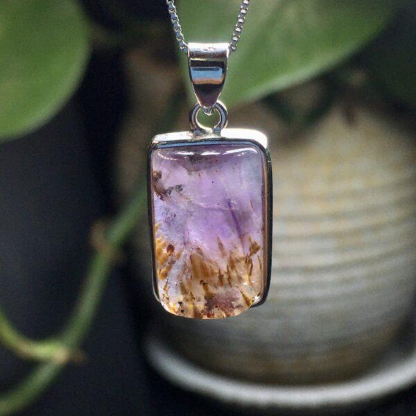 rectangle shape natural Amethyst Rutilated Quartz bead inlaid sterling silver charm - Image 3