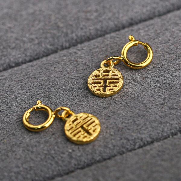 hollow 喜 pattern round shape gild s925 sterling silver charm bead, golden flower charm - Image 3