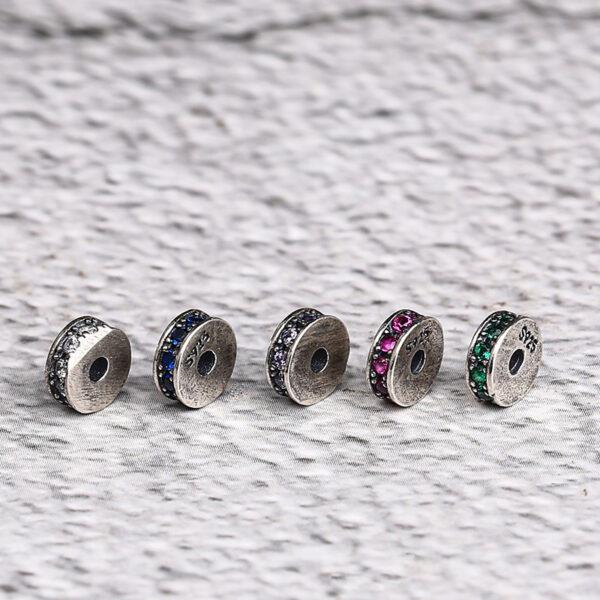 zircon inlaid rondelle shape s925 sterling silver bead, oxidized silver rondelle bead - Image 3