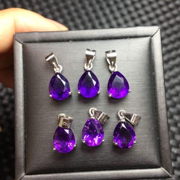 facet droplet shape natural amethyst bead inlaid sterling silver charm - Image 3