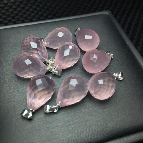 facet surface droplet shape natural rose quartz bead sterling silver charm - Image 3