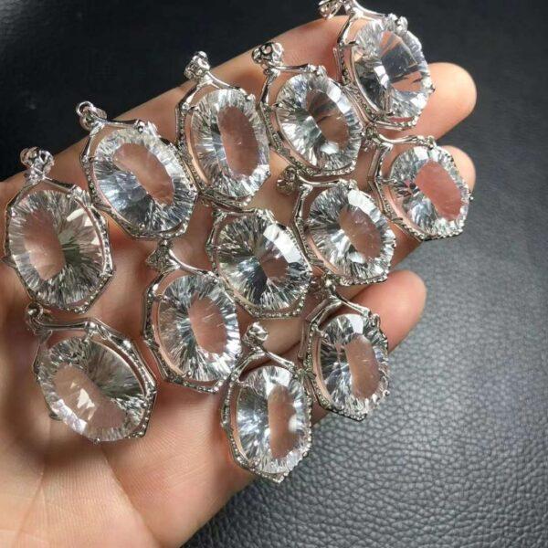 facet surface oval shape natural clear quartz bead inlaid sterling silver charm - Image 3