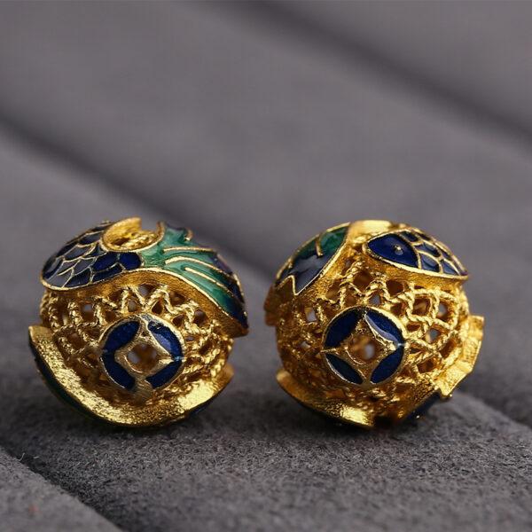 fish pattern round shape hollow gild sterling silver bead, enamel fish bead - Image 3