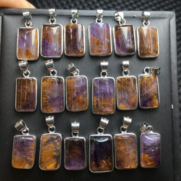 rectangle shape natural Amethyst Rutilated Quartz bead inlaid sterling silver charm - Image 4