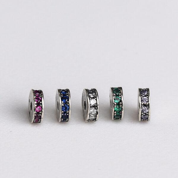 zircon inlaid rondelle shape s925 sterling silver bead, oxidized silver rondelle bead - Image 4