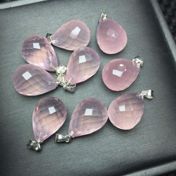 facet surface droplet shape natural rose quartz bead sterling silver charm - Image 4