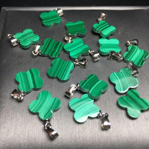 Four Leaf Clover shape natural malachite bead sterling silver charm - Image 4