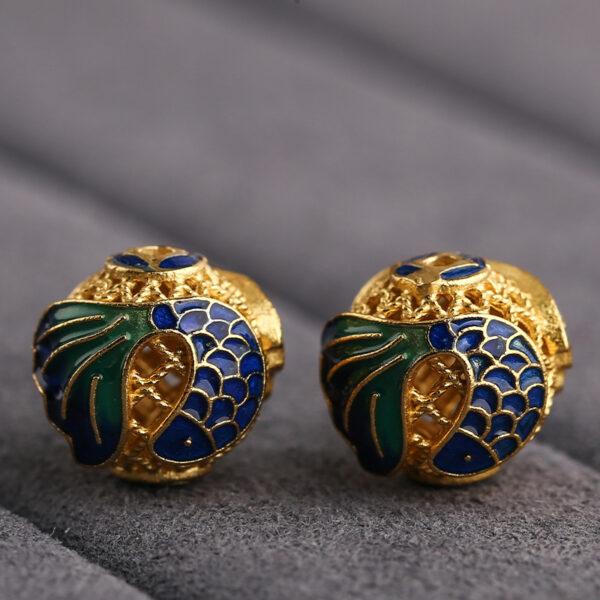 fish pattern round shape hollow gild sterling silver bead, enamel fish bead - Image 4
