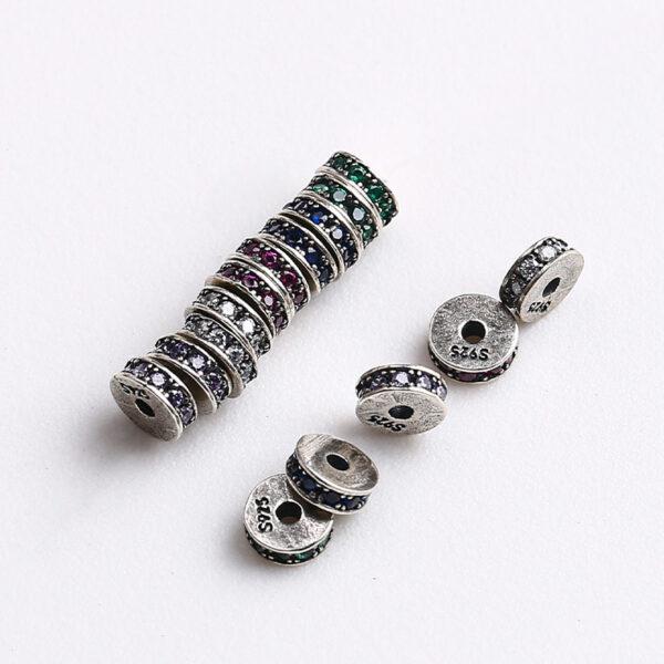 zircon inlaid rondelle shape s925 sterling silver bead, oxidized silver rondelle bead - Image 5