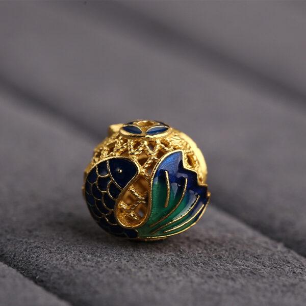 fish pattern round shape hollow gild sterling silver bead, enamel fish bead - Image 5