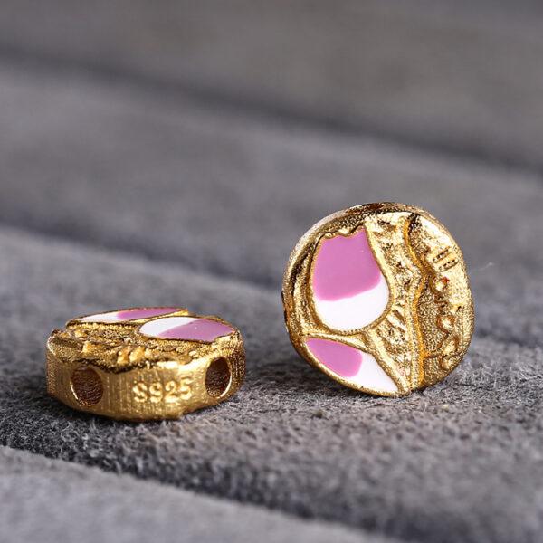 pink tulip flower pattern gild sterling silver bead, enamel flower bead - Image 4