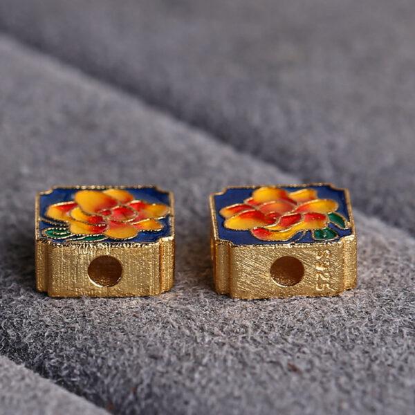 peony flower pattern square shape gild sterling silver bead, colorful enamel round bead - Image 3