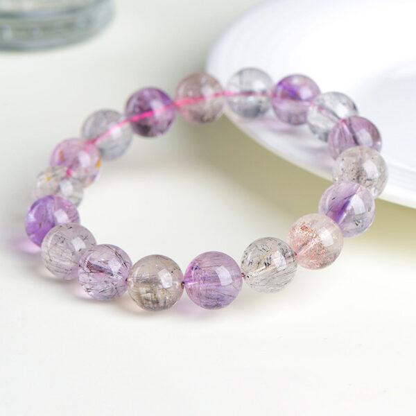 7mm - 9mm round shape 5A clear genuine natural purple super seven 7 rutilated quartz beaded bracelet - Image 3