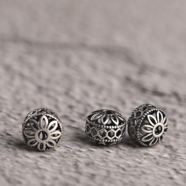 hollow flower pattern drum shape s925 sterling silver bead, oxidized silver drum bead - Image 5