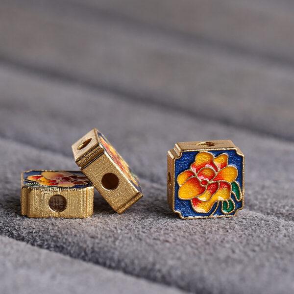 peony flower pattern square shape gild sterling silver bead, colorful enamel round bead - Image 5