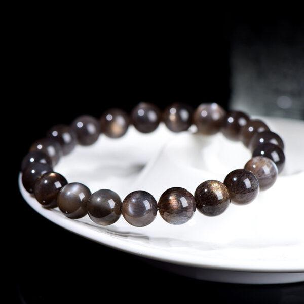 6 - 9mm round shape 7A genuine natural black gold sun stone beaded bracelet - Image 6