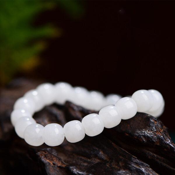 6 - 11mm round and drum shape 7A genuine natural white nephrite beaded bracelet - Image 2