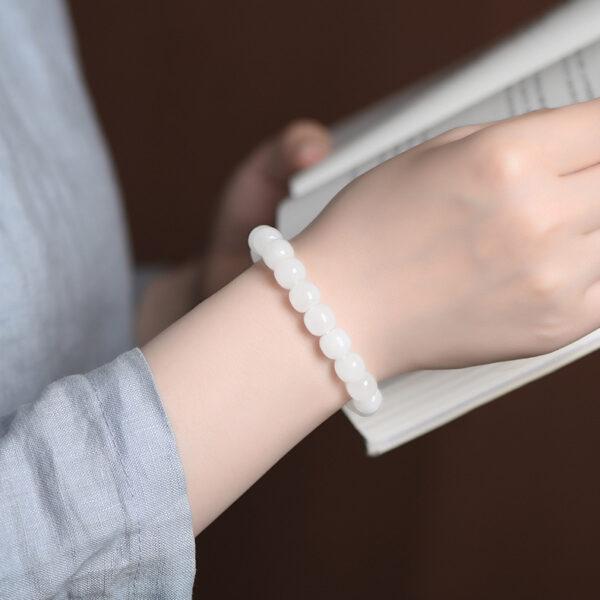 6 - 11mm round and drum shape 7A genuine natural white nephrite beaded bracelet - Image 3