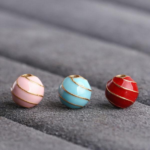 round shape gild sterling silver bead, golden line pattern colorful enamel bead - Image 3