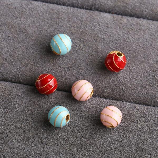 round shape gild sterling silver bead, golden line pattern colorful enamel bead - Image 4