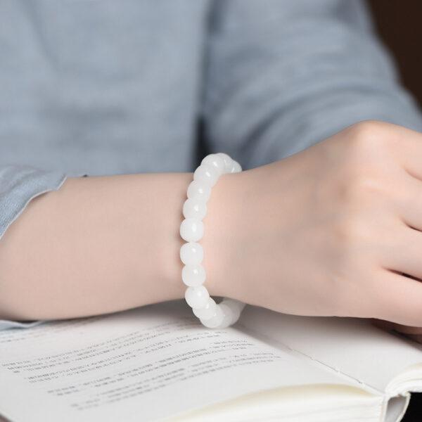 6 - 11mm round and drum shape 7A genuine natural white nephrite beaded bracelet - Image 5