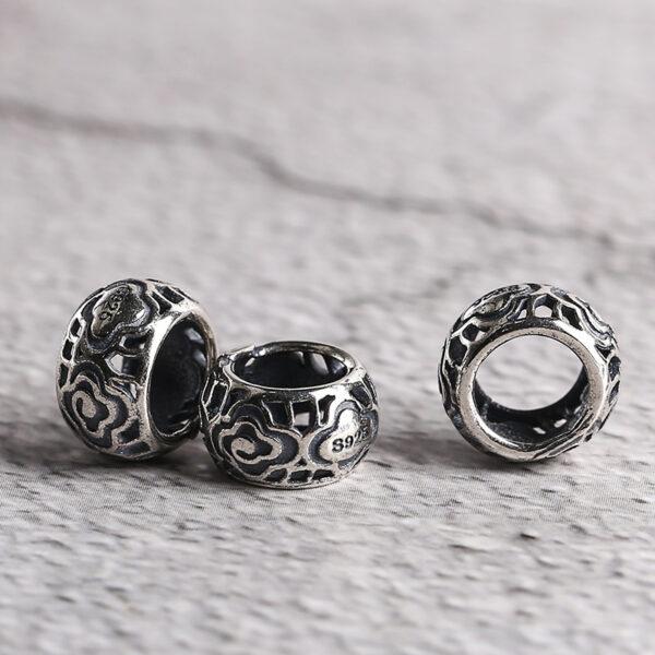 drum shape s925 sterling silver bead, oxidized silver hollow flower pattern bead, spacer bead - Image 3