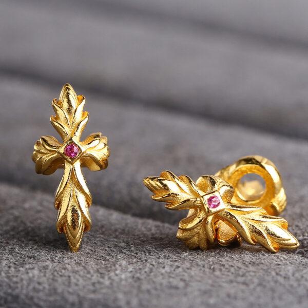 cross flower shape gild s925 sterling silver charm, flower pattern golden bead - Image 4