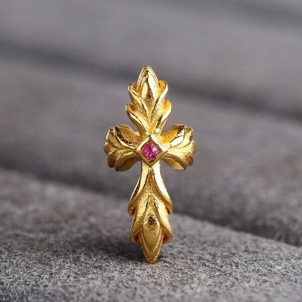 cross flower shape gild s925 sterling silver charm, flower pattern golden bead - Image 5
