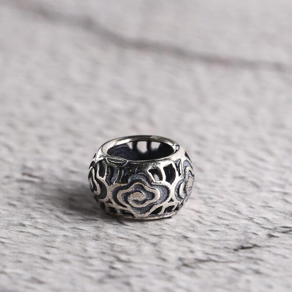 drum shape s925 sterling silver bead, oxidized silver hollow flower pattern bead, spacer bead - Image 5