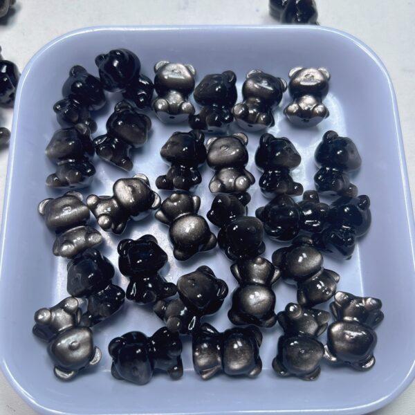 genuine natural silver obsidian bear bead, obsidian bead, black bead, cute bear bead