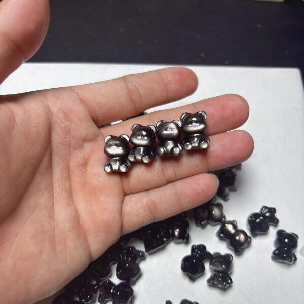 genuine natural silver obsidian bear bead, obsidian bead, black bead, cute bear bead