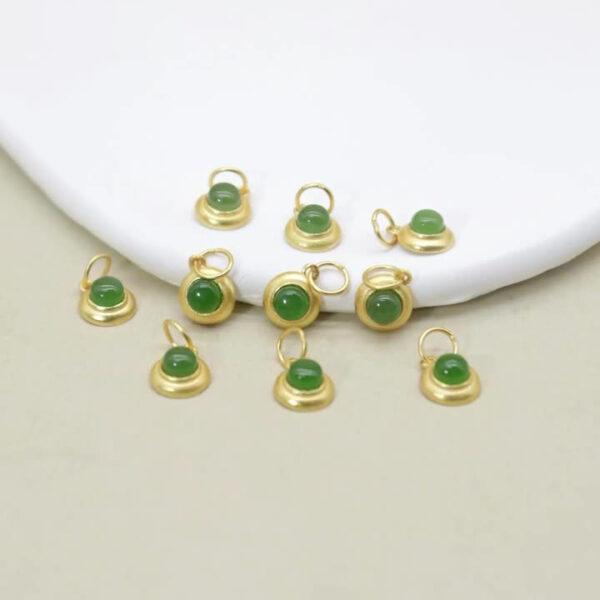 bezel charm, round charm, nephrite bead, green bead, sterling silver bead, gild bead, golden bead