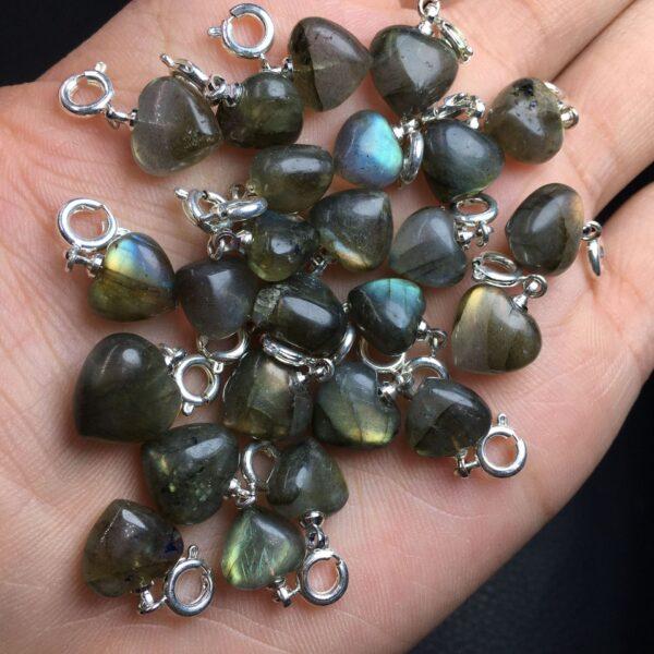 labradorite charm, heart charm, clear bead, sterling silver charm