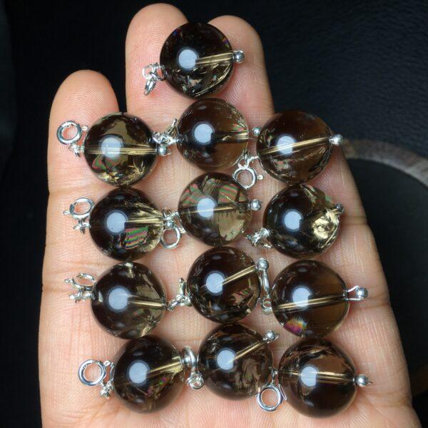 smoky quartz charm, ball charm, gray bead, clear bead, sterling silver charm