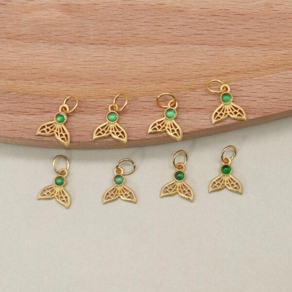 bezel charm, mermaid fish tail charm, jadeite bead, green bead, sterling silver bead, gild bead, golden bead - Image 2