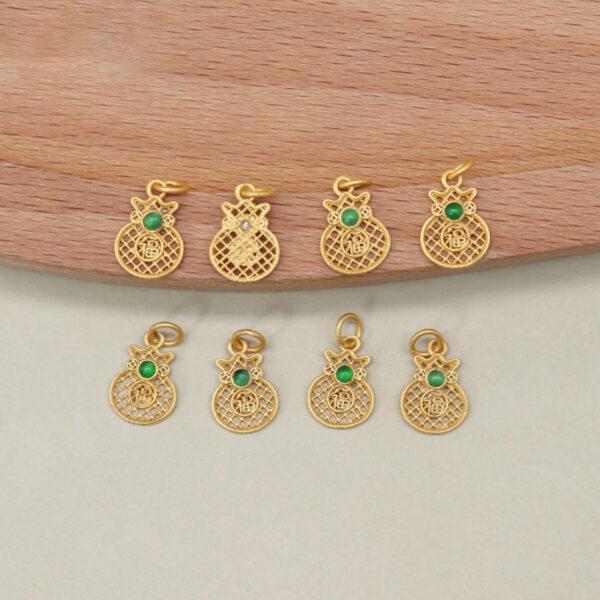 bezel charm, hollow 福 charm, jadeite bead, green bead, sterling silver bead, gild bead, golden bead - Image 2