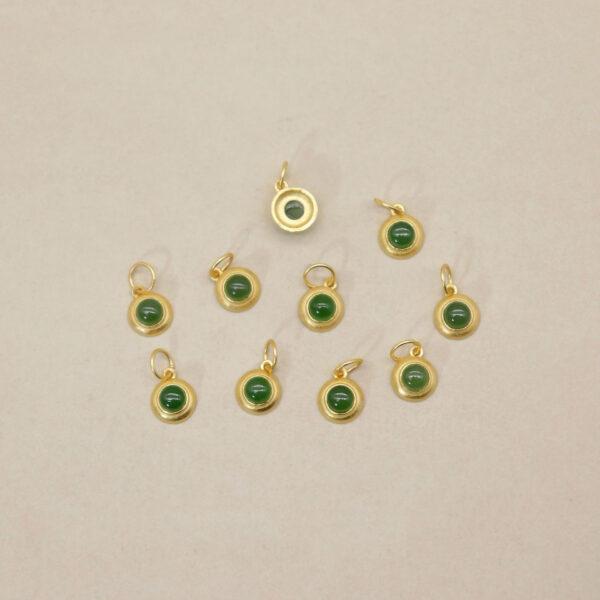 bezel charm, round charm, nephrite bead, green bead, sterling silver bead, gild bead, golden bead - Image 3