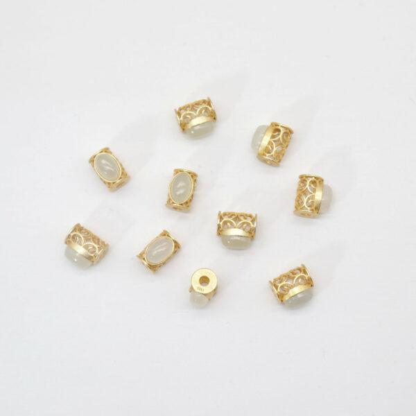 bezel bead, hollow flower bead, oval bead, nephrite bead, white bead, sterling silver bead, gild bead, golden bead - Image 3