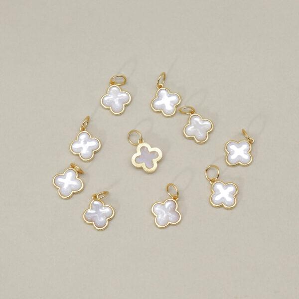 four leaf clover charm, shell charm, white charm, sterling silver charm, gild bead, golden charm - Image 3